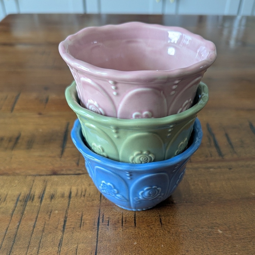 Vtg Mini Bowl Set of 3 Floral Embossed Stoneware Pink Blue Green Cottagecore